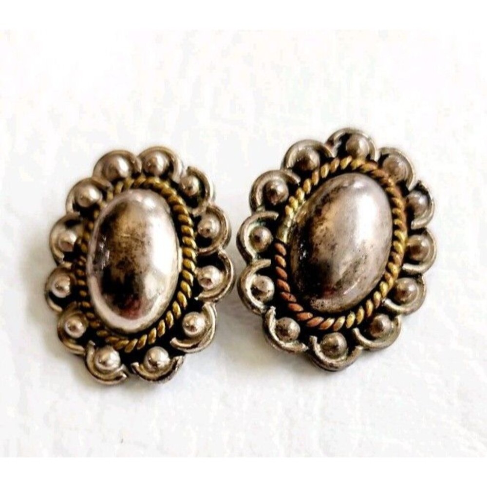 Sterling Silver Mexico Two Tone Oval Dot Halo Clip On Earrings 1" 16g